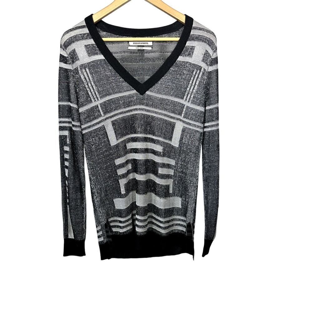 PUBLIC SCHOOL Women's Abstract Stripe V-Neck Sweater Black Size Small